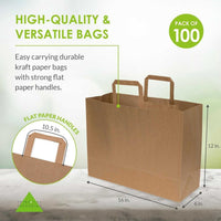 High-quality brown kraft paper bag with flat handles, 16x6x12 inches, pack of 100 from Prime Line Packaging.