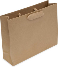 Medium brown paper bag with ribbon handles, made from recyclable 120 GSM kraft paper and reinforced with 350 GSM cardstock for secure carrying.