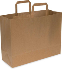 Large flat handle brown paper bag, 16x6x12, ideal for groceries, delis, and restaurants by Prime Line Packaging.