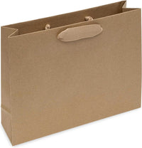 Medium brown paper bag with ribbon handles, made from recyclable kraft paper by Prime Line Packaging.