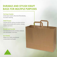 Durable flat paper handle kraft bags for grocery stores, bakeries, and restaurants by Prime Line Packaging, eco-friendly and versatile.