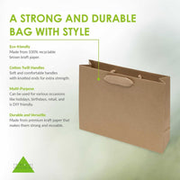 Medium brown paper bag with ribbon handles, eco-friendly and made from recyclable kraft paper by Prime Line Packaging.