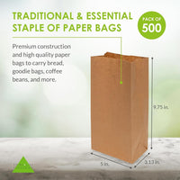 Prime Line Packaging 4LB 5x3.13x9.75 500 Pack Disposable Kraft Brown Paper Lunch Bags, Extra Small Paper Bags for Bakery, Snacks, Treats, Bulk Sacks