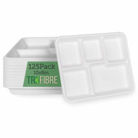 TruFibre 10.35x8.35 125 Pack 5 Compartment Plates, 100% Natural Disposable Biodegradable Plates, Lunch Trays for Cafeteria, Food, Meals, Dinner, Bulk