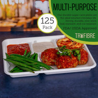 TruFibre 10.35x8.35 125 Pack 5 Compartment Plates, 100% Natural Disposable Biodegradable Plates, Lunch Trays for Cafeteria, Food, Meals, Dinner, Bulk