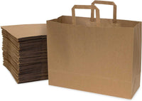 Large brown flat handle paper bags in bulk pack of 100 by Prime Line Packaging, ideal for groceries, delis, and bakeries.